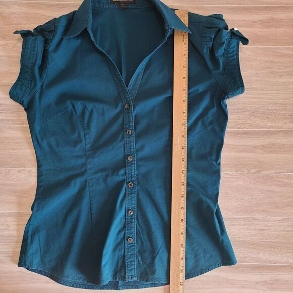Express Design Studio Teal Blouse S – Puff Sleeve, Button Front, Fitted Waist - Picture 6 of 7